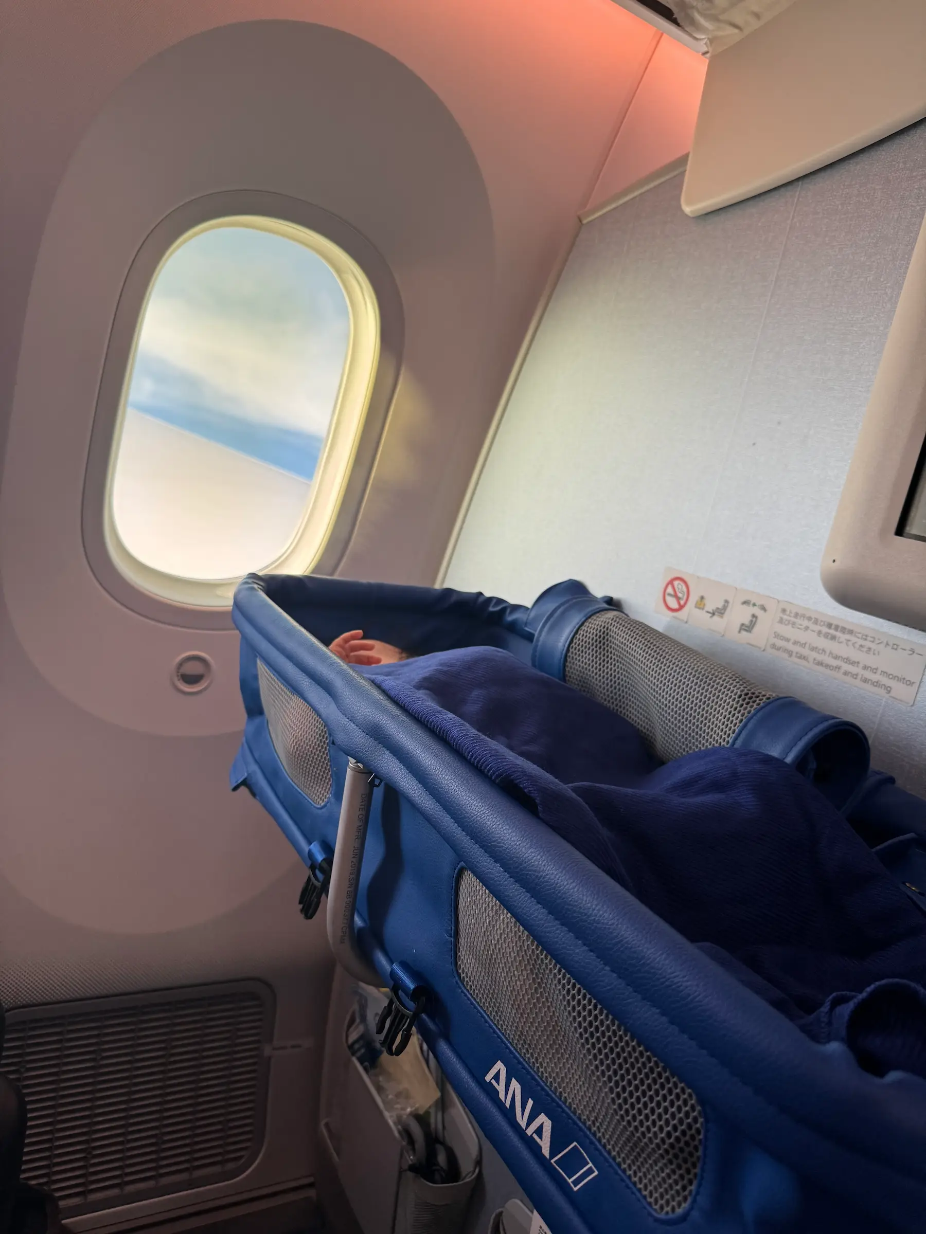 Bébé endormi dans le bassinet bleu ANA fixé sur la cloison de l'avion, hublot et ciel en arrière-plan