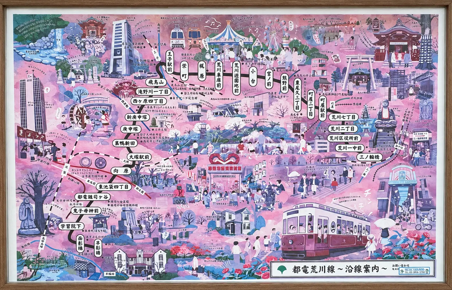 Carte illustrée du réseau Toden Arakawa avec les 30 stations, affichée près de la station Koshinzuka à Sugamo