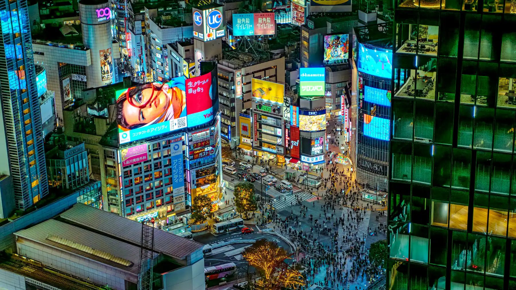 Vue aérienne du carrefour de Shibuya la nuit, Tokyo