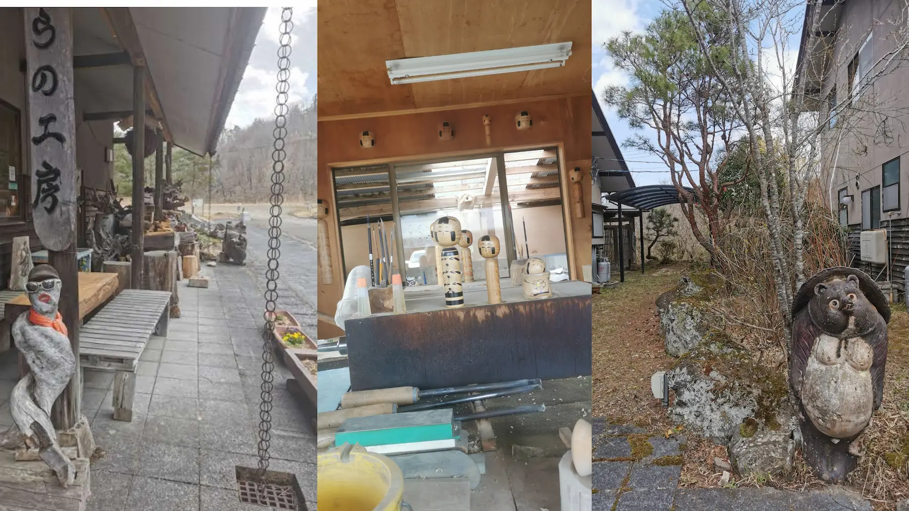 Ateliers du village artisanal Akiu Kogei no Sato près de Sendai, établi de tournage de kokeshi et statue de tanuki