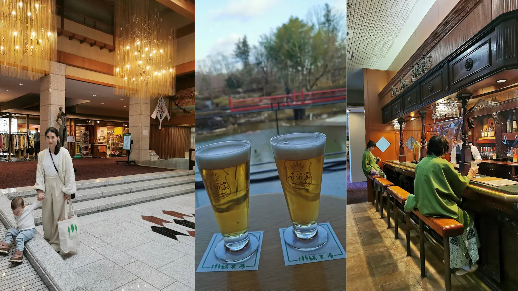 Hall du ryokan Kagaribi no Yu Ryokusuitei à Akiu Onsen, bières face au parc et bar en yukata