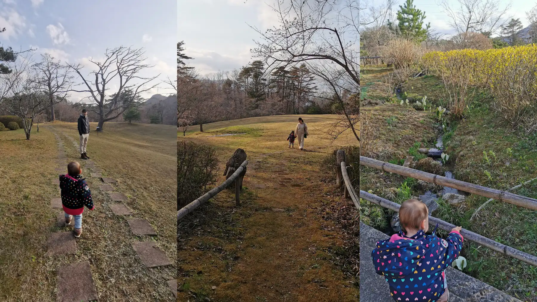 Enfant de 2 ans en promenade dans le grand parc du ryokan Kagaribi no Yu Ryokusuitei à Akiu Onsen