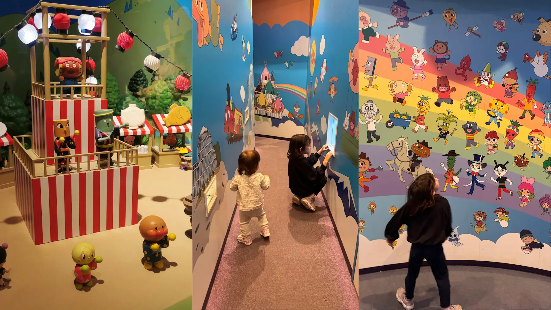 Enfants de 2 et 5 ans au musée Anpanman de Sendai devant les décors et la fresque des personnages