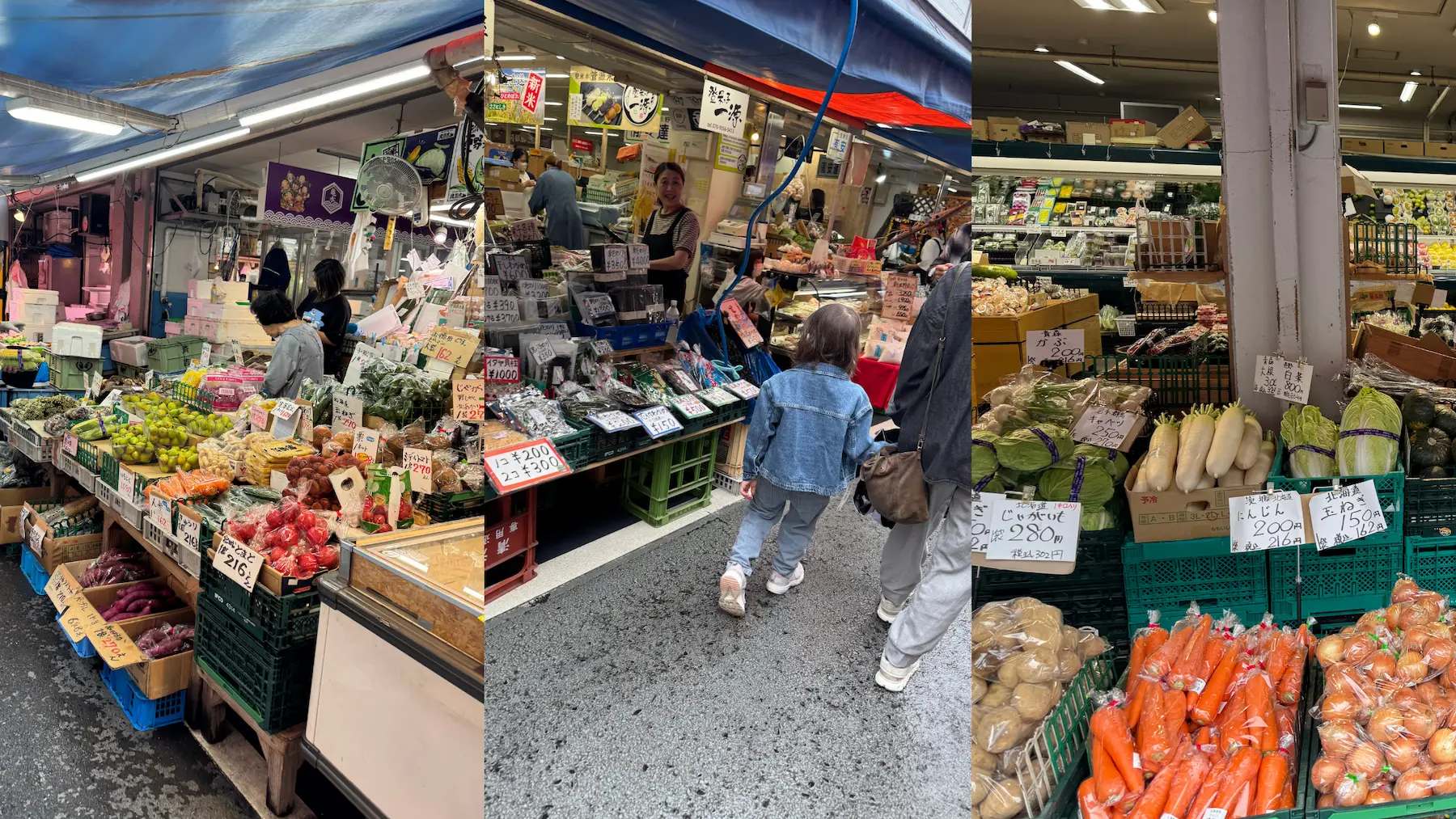 Enfant marchant entre les étals de produits locaux du marché Sendai Asaichi
