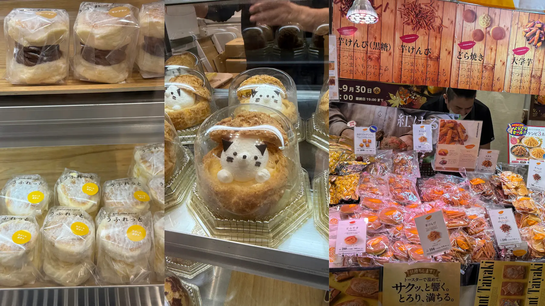 Choux en forme de chat, pancakes fourrés et snacks de patate douce dans une boutique éphémère de la gare de Sendai