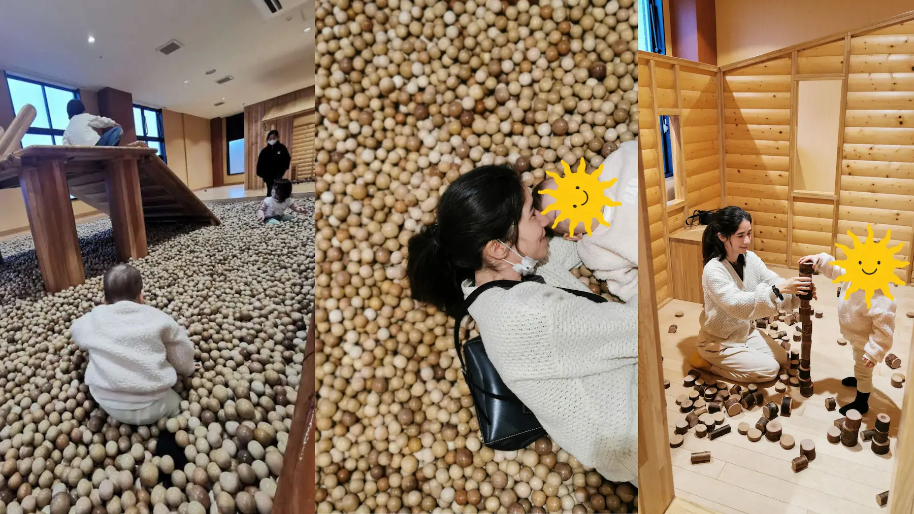 Piscine de balles en bois et jeux de construction en bois pour enfants à Kansei-no-Mori près de Sendai